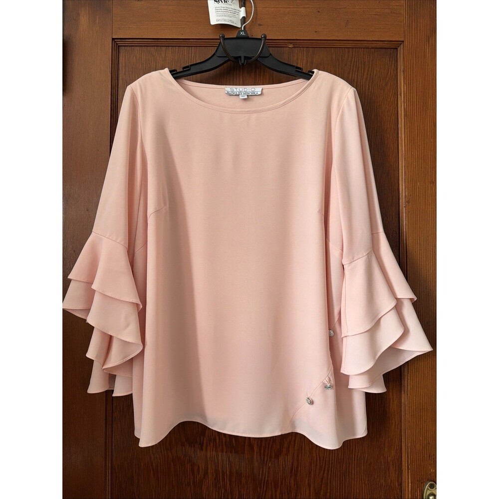 Studio Badgley Mischka Pink Tiered Bell Sleeve Blouse Rhinestone Button 2X